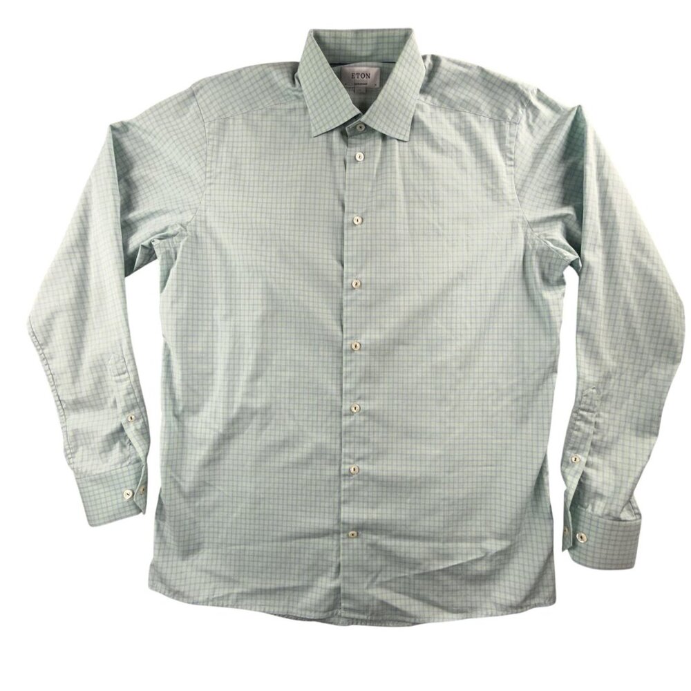 Eton Dress Shirt Mens Large Green Gingham Contemporary Cotton Long Sleeve 41 16